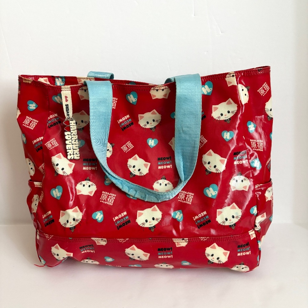 Harajuku Lovers Red Cats Tote Bag Gwen Stefani with Matching Zip Pouch Bag Charm - Picture 2 of 16